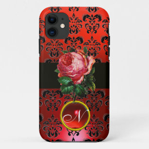 美しいピンクのローズレッドブラックダマスクルビーモノグラム iPhone 11 ケース