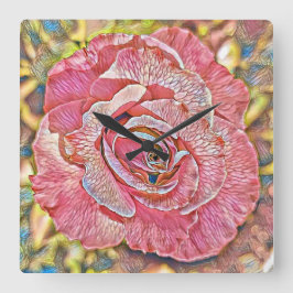 美しいピンクの夏のバラ絵画の花 スクエア壁時計
