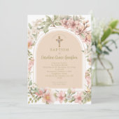 美しいピンクの常緑花カトリック洗礼 招待状 (スタンド正面)