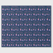 美しいピンクの木々とメリークリスマスブルー ラッピングペーパー (フラット)