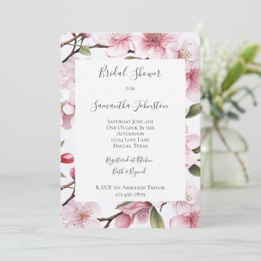 美しいピンクの桜の花のブライズシャワー 招待状 (スタンド正面)