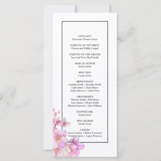 美しいピンクの水の色の花結婚式プログラム (裏面)