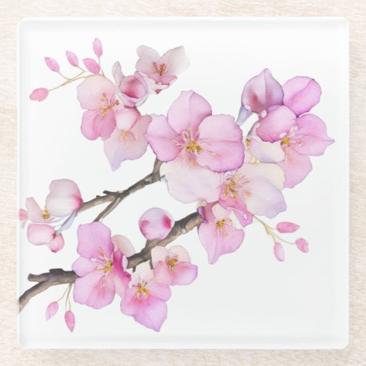 美しいピンクの水彩桜の花 ガラスコースター (正面)