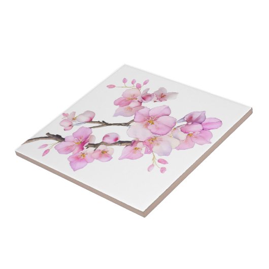 美しいピンクの水彩画の桜の花 タイル (側面)