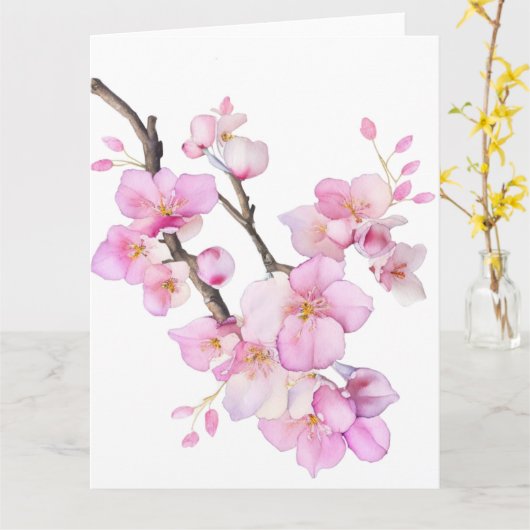 美しいピンクの水色のさくらんぼ桜の花 カード (黄色い花)