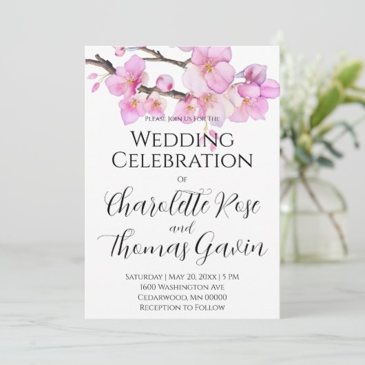 美しいピンクの水色のさくらんぼ結婚の花 招待状 (スタンド正面)