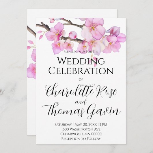美しいピンクの水色のさくらんぼ結婚の花 招待状 (正面/裏面)