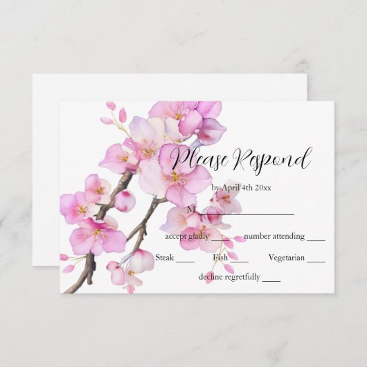 美しいピンクの水色のさくらんぼ 出欠カード (正面/裏面)