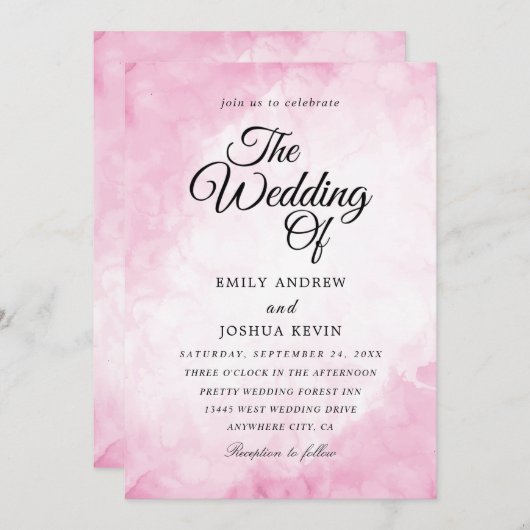 美しいピンクの水色の結婚式招待状 招待状 (正面/裏面)