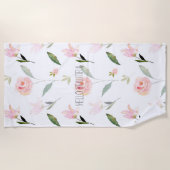 美しいピンクの水色フローラ ビーチタオル (正面)