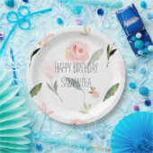 美しいピンクの水色フローラ ペーパープレート (パーティー)