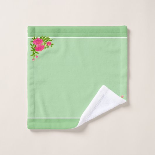 美しいピンクの牡丹の花とオリーブグリーン バスタオルセット (ウォッシュタオル)