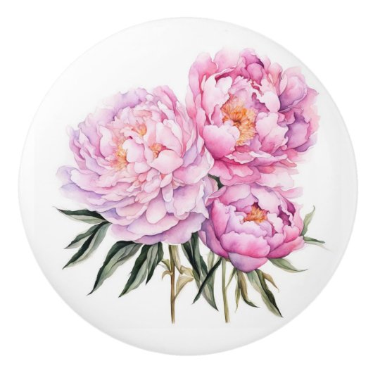 美しいピンクの牡丹の茎 セラミックノブ (正面)