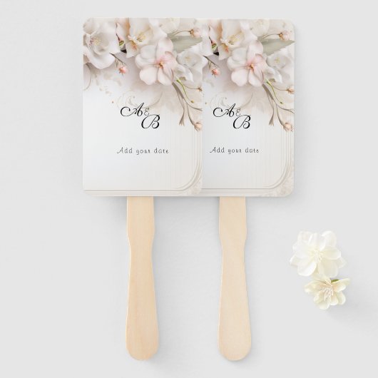 美しいピンクの白い水色の花 ハンドファン (正面&裏面)