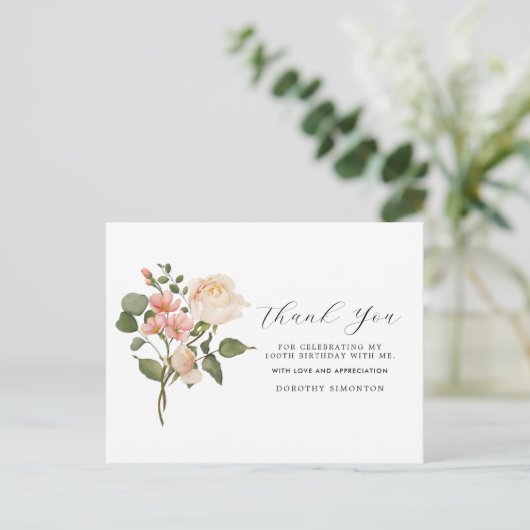 美しいピンクの白い花の100歳の誕生日お礼カード ポストカード (スタンド正面)