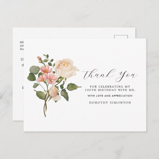 美しいピンクの白い花の100歳の誕生日お礼カード ポストカード (正面/裏面)