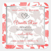 美しいピンクの白い花柄の製品ラベル スクエアシール (正面)