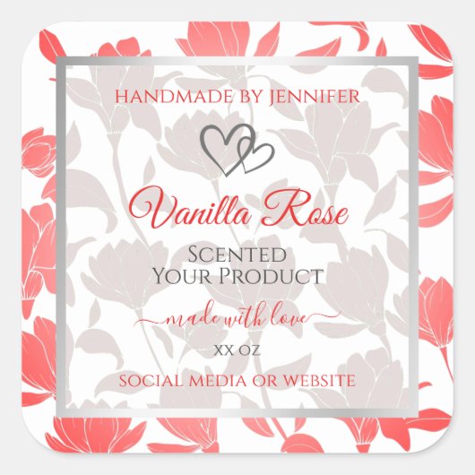 美しいピンクの白い花柄の製品ラベル スクエアシール (正面)