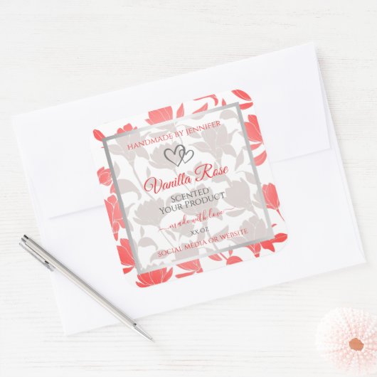 美しいピンクの白い花柄の製品ラベル スクエアシール (封筒)