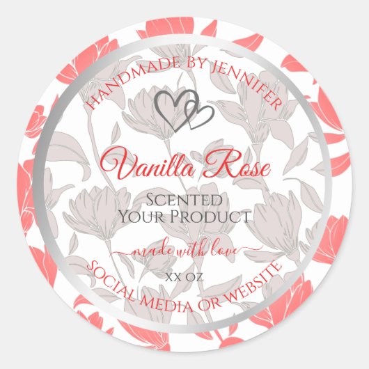 美しいピンクの白い花柄の製品ラベル ラウンドシール (正面)