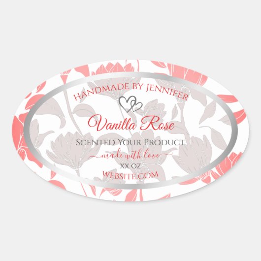 美しいピンクの白い花柄の製品ラベル 楕円形シール (正面)