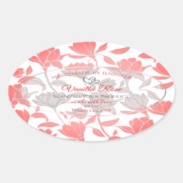 美しいピンクの白い花柄の製品ラベル 楕円形シール
