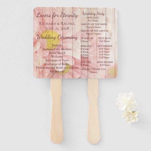 美しいピンクの素朴なフローラ結婚式プログラム ハンドファン (正面&裏面)