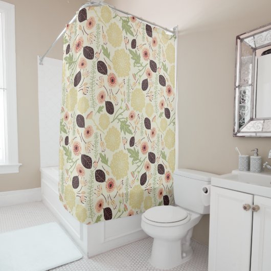 美しいピンクの緑のクリームパターンの花 シャワーカーテン (インサイチュ)