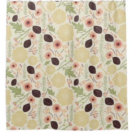 美しいピンクの緑のクリームパターンの花 シャワーカーテン (正面)