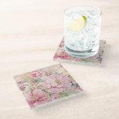 美しいピンクの芍薬の水彩画 ガラスコースター (アングル)