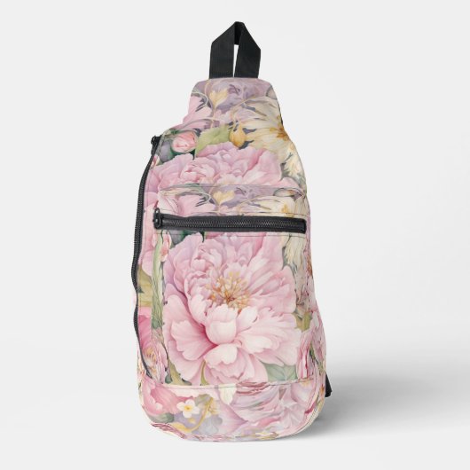 美しいピンクの芍薬の水彩画 スリングバッグ (正面)