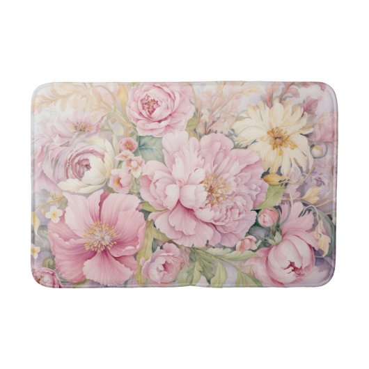 美しいピンクの芍薬の水彩画 バスマット (正面)
