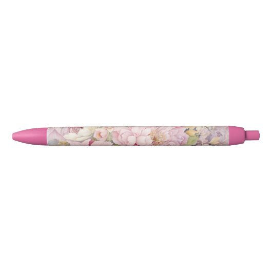 美しいピンクの芍薬の水彩画 黒ボールペン (正面)