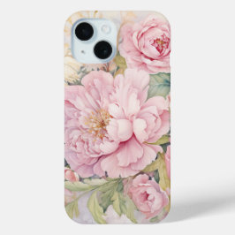 美しいピンクの芍薬の水彩画 iPhone 15ケース