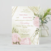 美しいピンクの花とグリーンと幾何学的なウェディング 招待状 (スタンド正面)