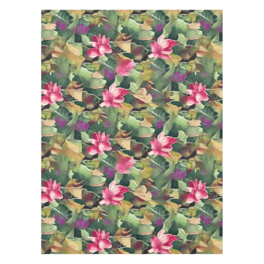 美しいピンクの花と熱帯の葉柄 テーブルクロス (正面)