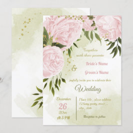 美しいピンクの花と緑の葉の幾何学的なウェディング 招待状