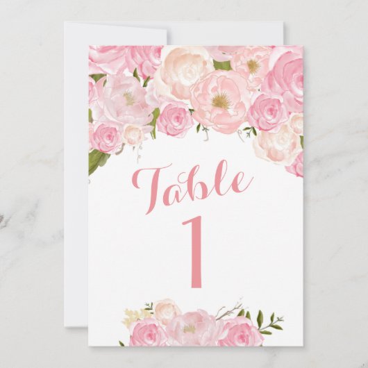 美しいピンクの花のテーブル数 招待状 (正面)