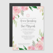 美しいピンクの花のバット・ミツバ党 マグネット招待状 (正面/裏面)