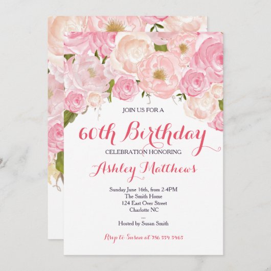 美しいピンクの花の女性の誕生日の招待状 招待状 (正面/裏面)
