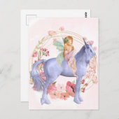 美しいピンクの花の妖精とユニコーン ポストカード (正面/裏面)
