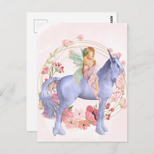 美しいピンクの花の妖精とユニコーン ポストカード (正面/裏面)