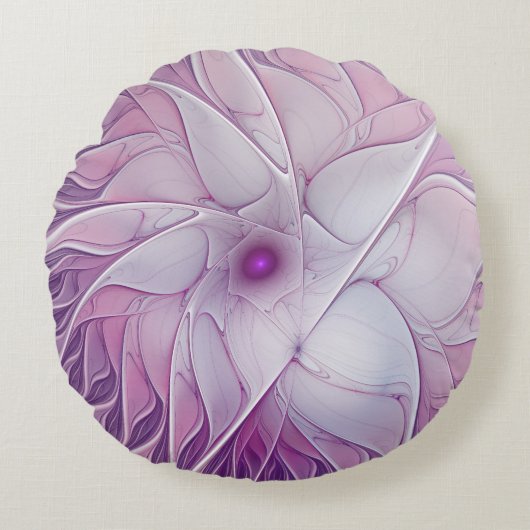 美しいピンクの花の抽象芸術モダンフラクタル・アート ラウンドクッション (正面)