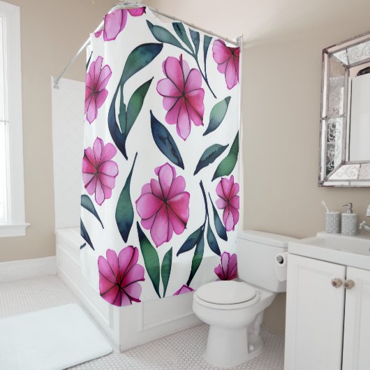 美しいピンクの花の水彩模様 シャワーカーテン (インサイチュ)