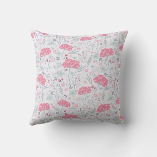 美しいピンクの花の水色Ditsyパターン | クッション (裏面)