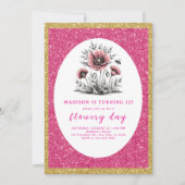 美しいピンクの花の誕生日 招待状 (正面)