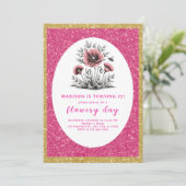 美しいピンクの花の誕生日 招待状 (スタンド正面)