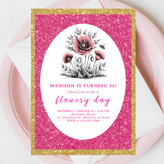 美しいピンクの花の誕生日 招待状
