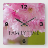 美しいピンクの花を持つ正方形の壁時計 スクエア壁時計 (正面)