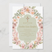 美しいピンクの花カトリックの洗礼 招待状 (正面)
